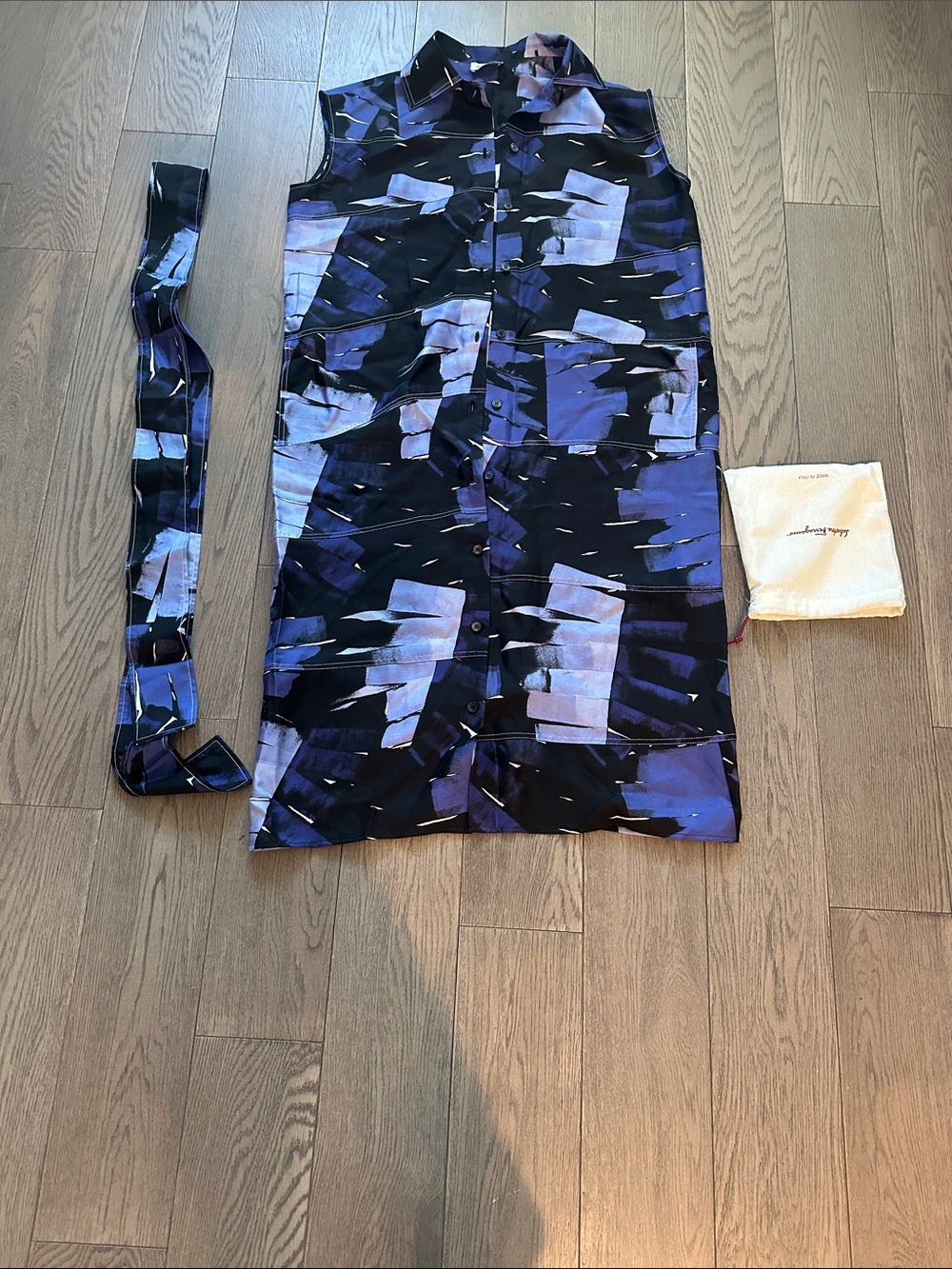 Salvatore Ferragamo Black and Blue Abstract Print shirt dress with belt.